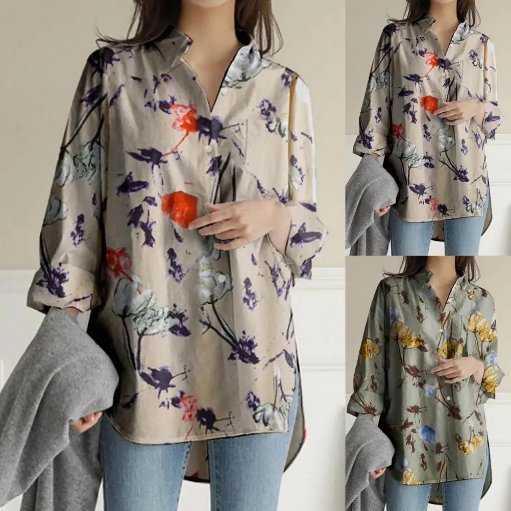 

Shirt Turn-down Collar Long Sleeve Casual Split Hem Floral Women Top for Autumn