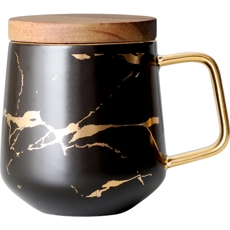 

Nordic gold-rimmed marbled ceramic mug breakfast cup coffee cup household water cup with lid WF6221103