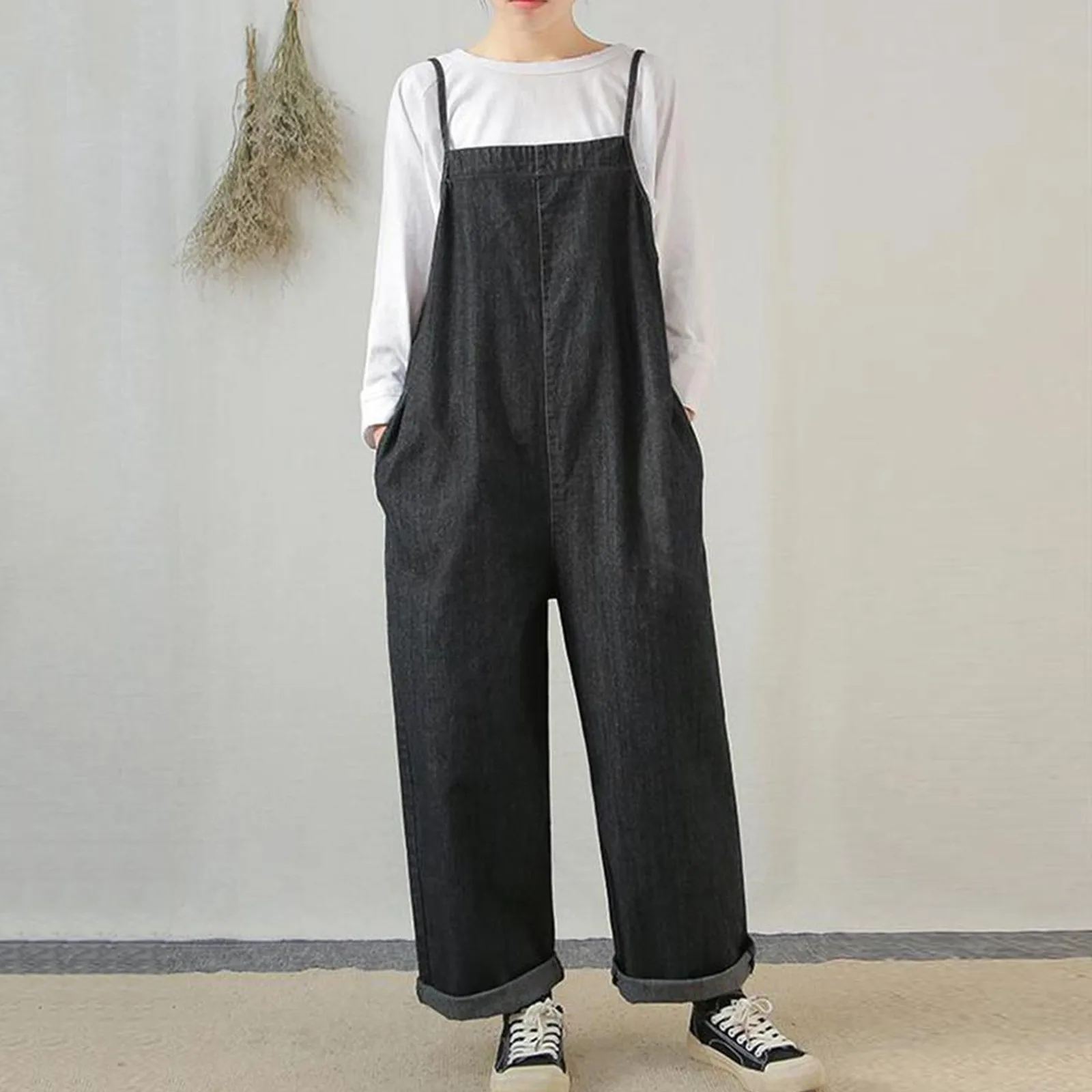 

50# Fashion Jumpsuit Women Solid Pocket Button Bodysuits Long Playsuit Strap Loose One Piece Overalls Playsuits Romper Woman