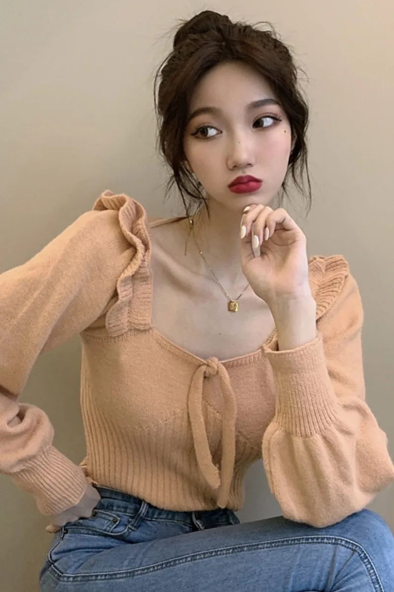 

French retro sweater women's autumn new square collar off-shoulder collarbone lace sexy pullover sweater for women