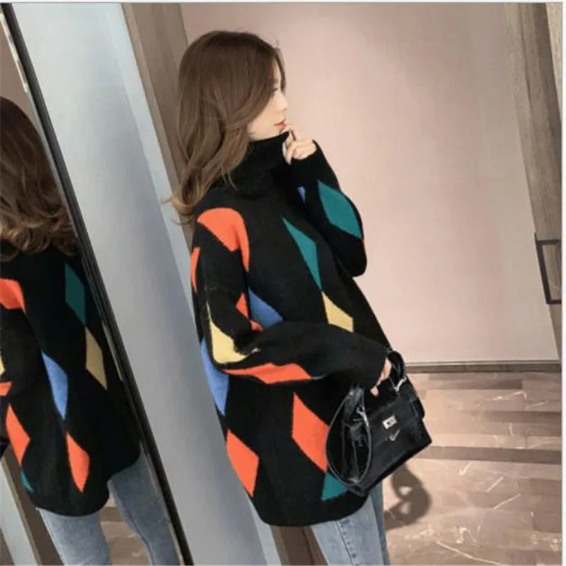 Long Sleeve Women Sweater Pullovers Autumn Winter Knitted Tops Jumper Female Print Geometric Mujer Invierno 2019 H245 | Женская одежда