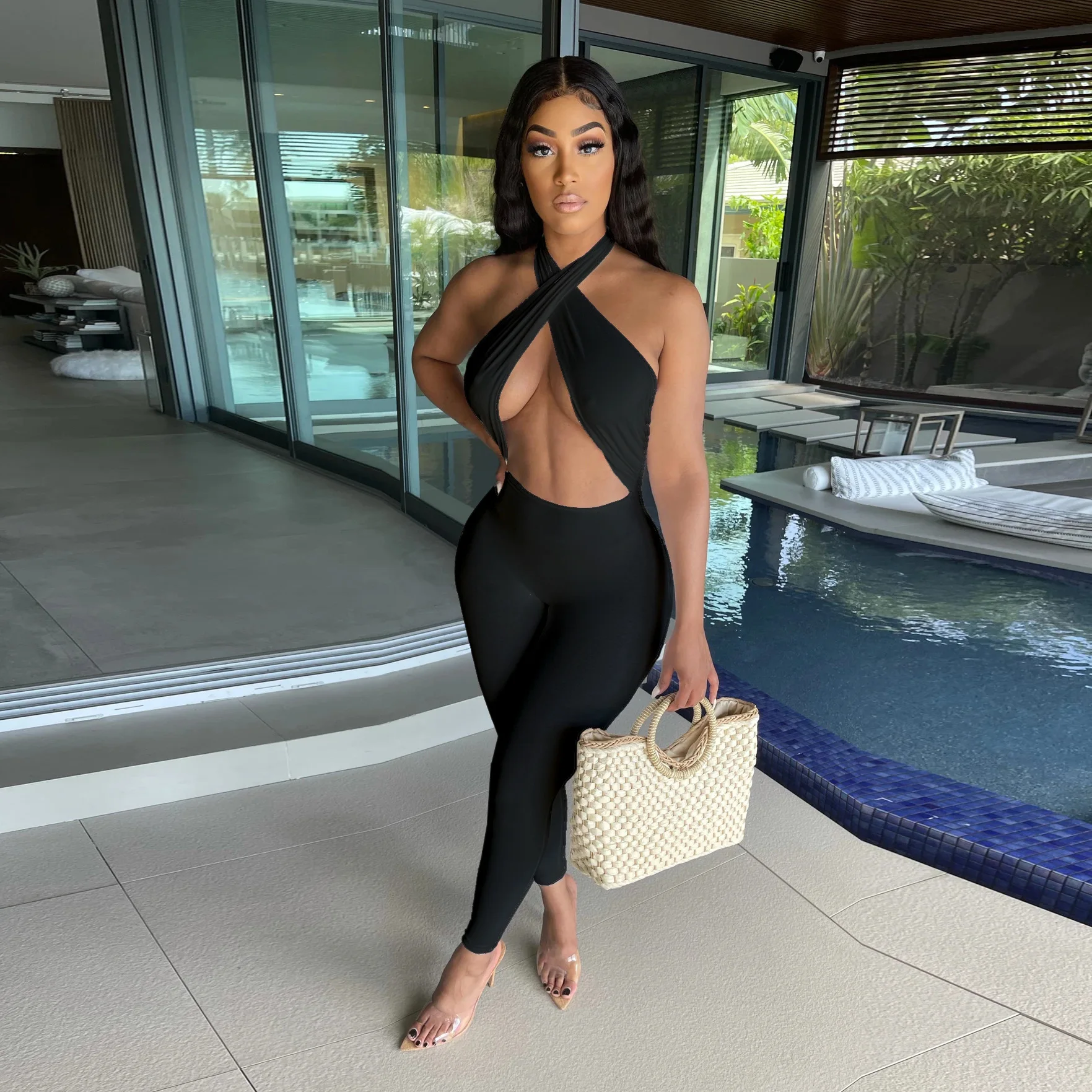 

2021 Summer New Fashion Solid Color Sexy Slim Jumpsuit Women Halter Sleeveless High Waist Hollow One Piece Jumpsuit for Women