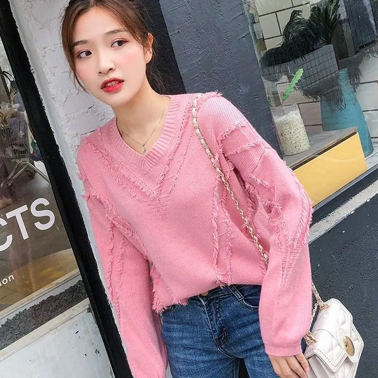 

Lazy wind sweater women's Pullover candy color loose Korean 2021 new student V-Neck Sweater