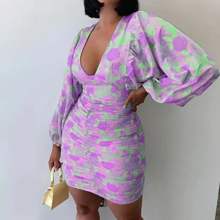 

Mini Dress Tea Party Club Night Low Cut V-neck Long Sleeve Dresses For Women Tie Dye Sexy Casual Skinny Autumn Vestidos