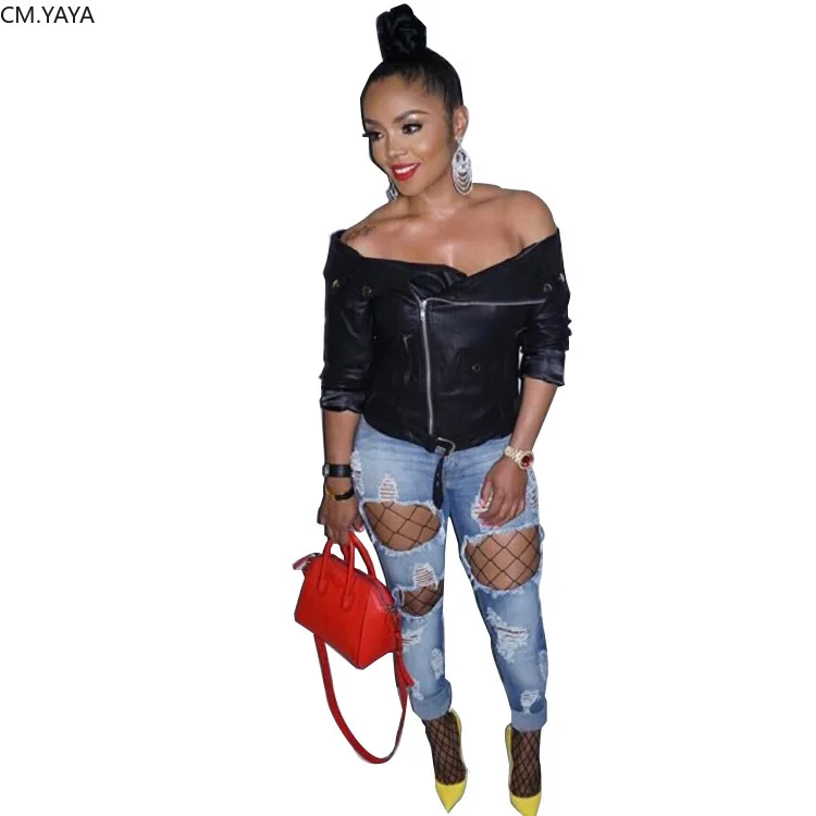 2019 женские осенние куртки из искусственной кожи с открытыми плечами на молнии