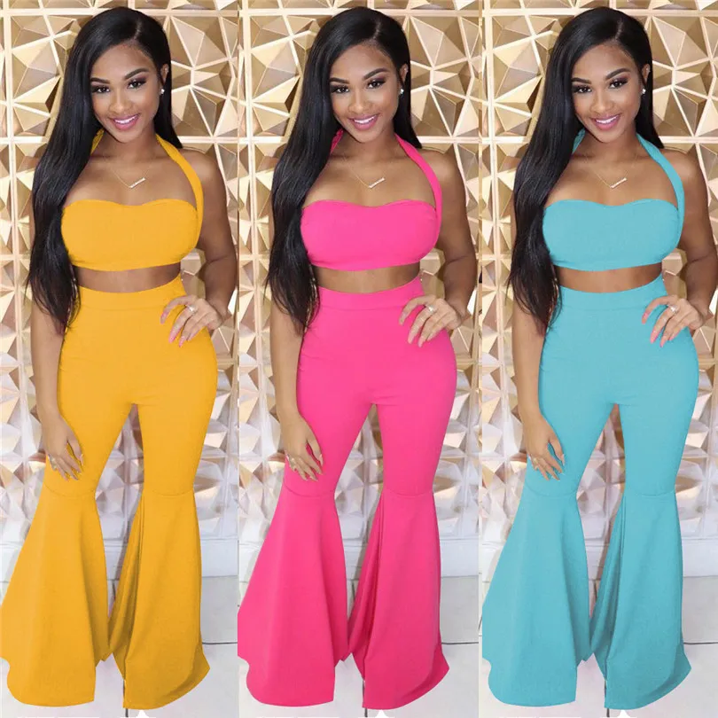 New Women halter neck short crop top wide leg pants suit two piece set fashion club party night tracksuit outfit 3 color | Женская