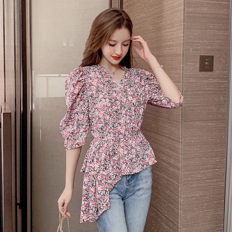 Женская шифоновая блузка COIGARSAM фиолетовая и красная с коротким рукавом в