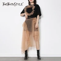 twotwinstyle casual ruffle trim two piece set for women round collar short sleeve t shirt high waist mesh skirts female sets new
