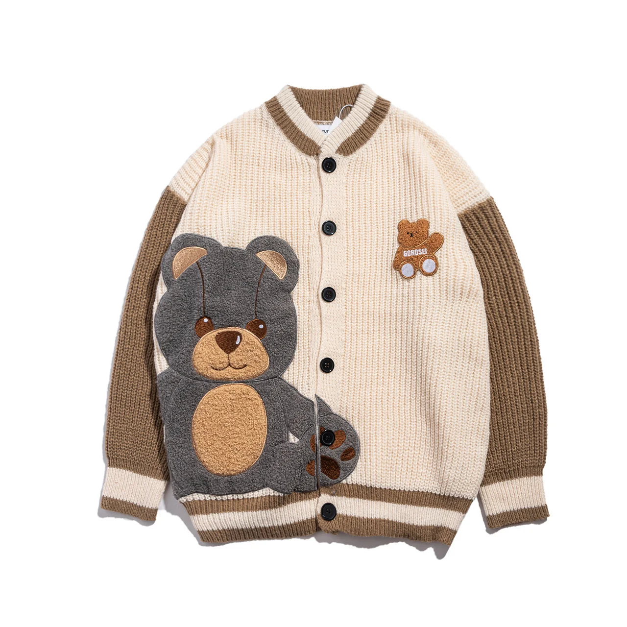 

Men's Sweaters Cardigan Retro Color Matching Cute Bear Sweater Embroidery Streetwear Oversized Harajuku Knitwear Coats For Male