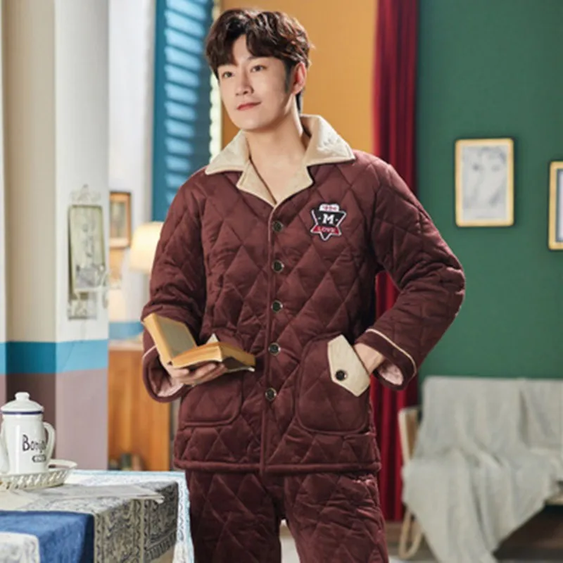 SAMWESTART Men's Stain Silk Pajama Sets Winter Thicken Men Pajamas Nightwear Men Sexy Modern Cardigan Style Home Outwear Leisure