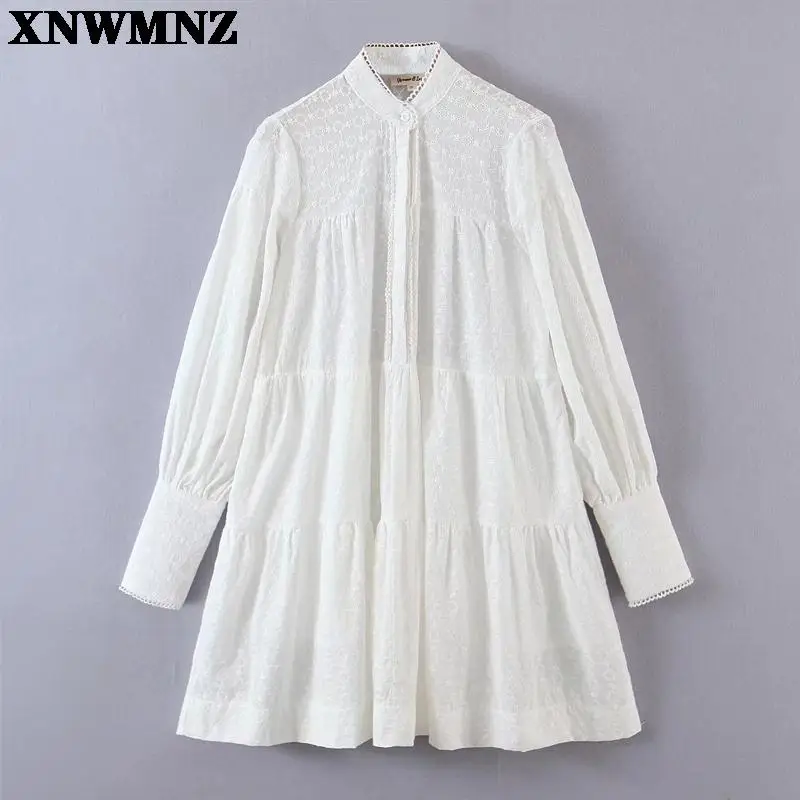

Женское ажурное платье-рубашка XNWMNZ, свободное белое платье с длинным рукавом и кружевной каймой, 2021