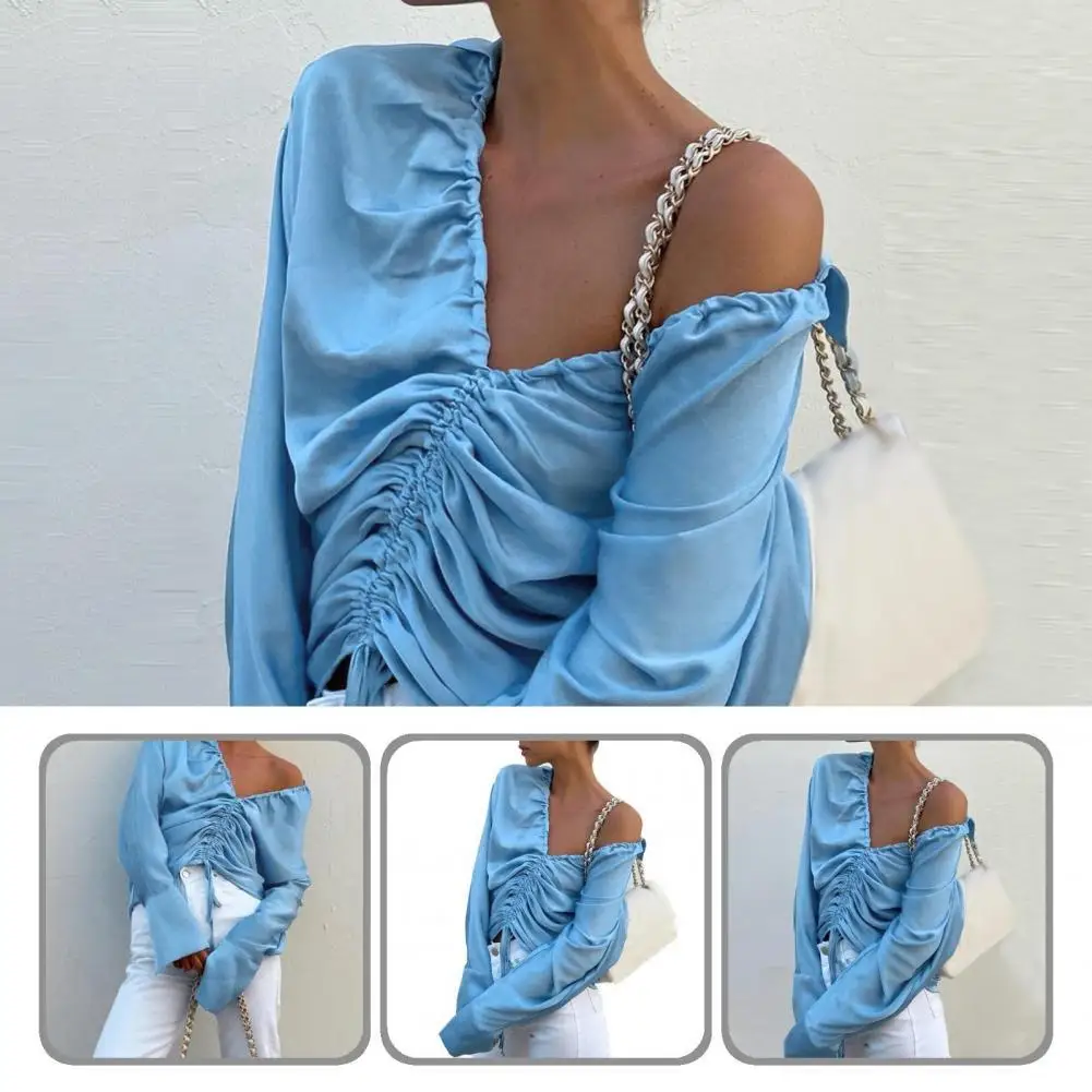 

Skin-friendly Stylish Ruched Drawstring Blue Autumn Shirt Casual Casual Shirt V-Neck Streetwear