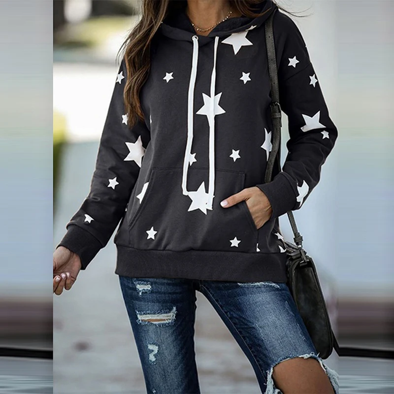 

Women Hoodies Pullover Five Pointed Star Printed Sweatshirt Elegant Ladies Hoodies Black Purple Harajuku Casual Hoodies