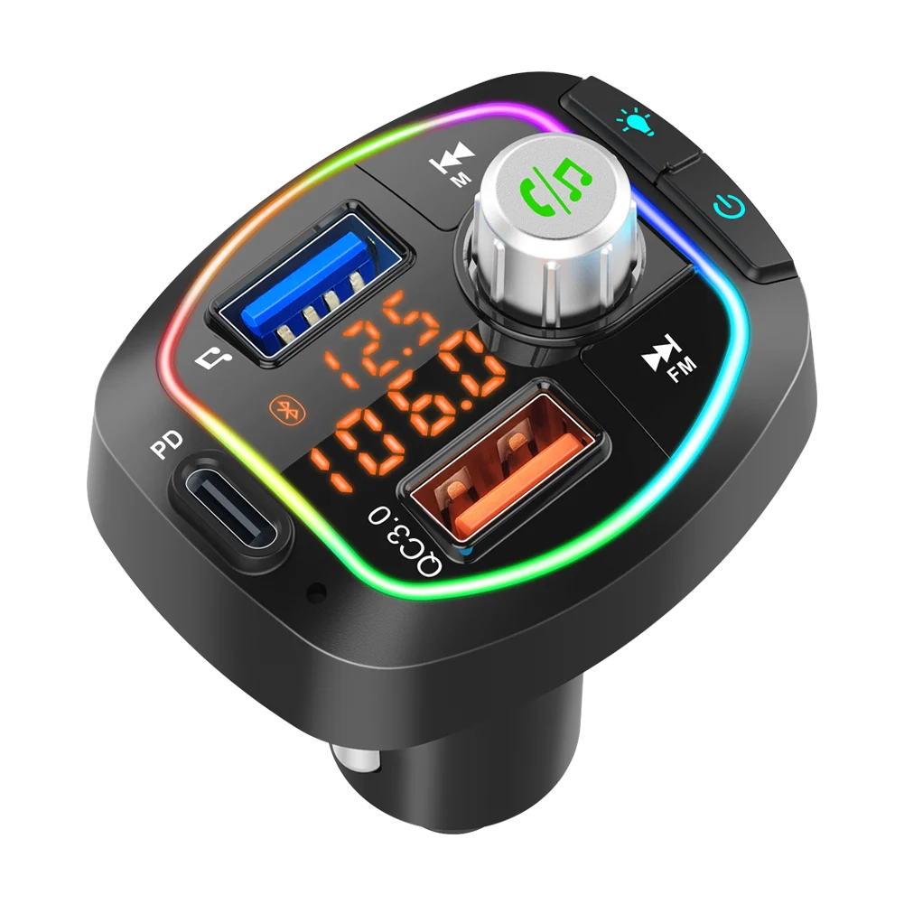 

Car Charger FM Smart Fast Charge Digital Display Car Charger Multi-function Dual USB QC3.0 Car Fast Charge