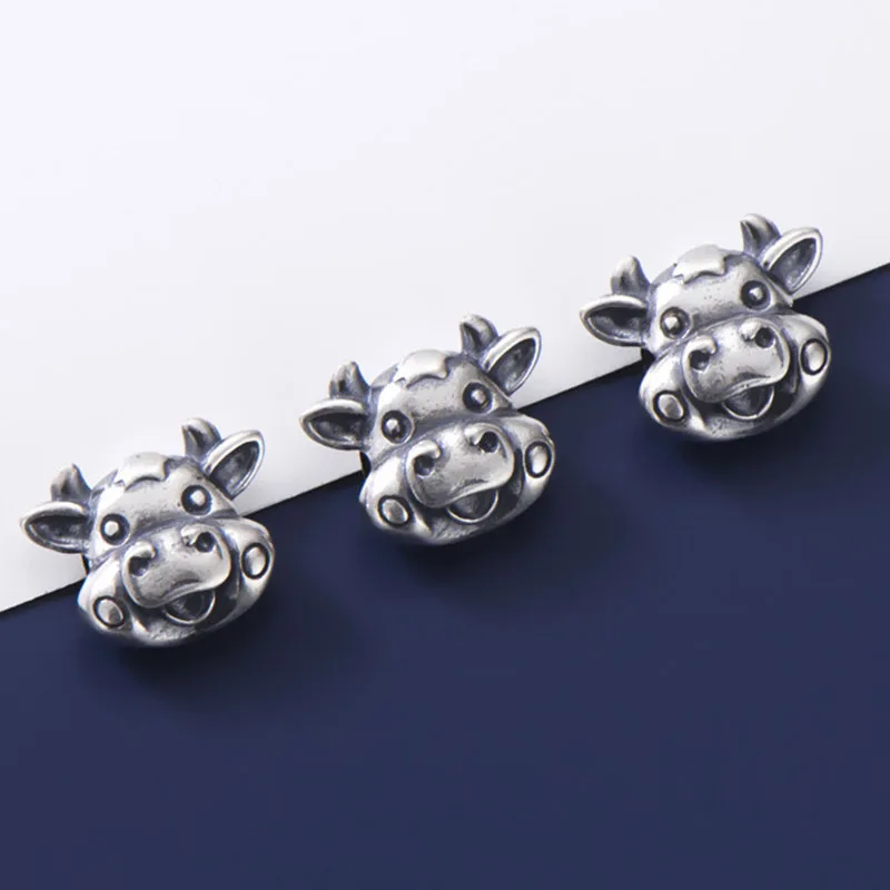 

925 Sterling Silver Cute Cow Pattern Spacer Beads Handmade S925 Silver Loose Charm Beads DIY Jewelry Accessories Women Men Gift