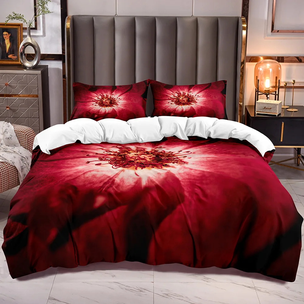 

Red Flowers Comforter Cover 3D Floral Bedding Duvet Cover for Girls Botanical Theme Duvet Cover for Kids Teens Adults White