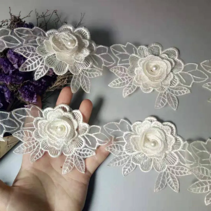 Винтажная вышитая жемчугом лента из полиэстера цвета слоновой кости с цветочной