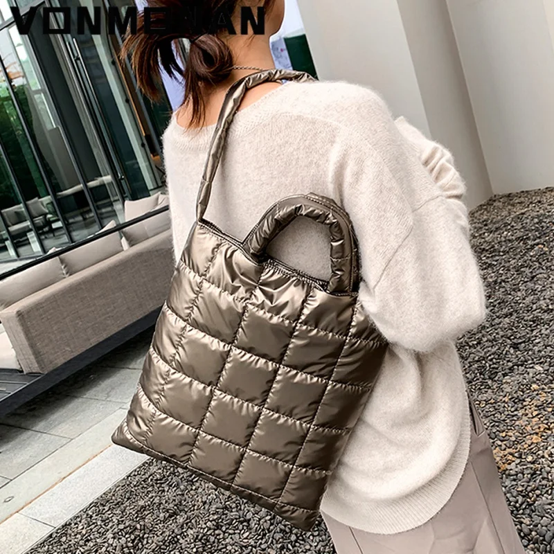

Large Quilted Tote Bag for Women Lightweight Down Cotton Padded Shoulder Bag 2021 Winter Trend Padding Handbag Purse Shopper Sac