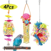 4pcs bird toy parrot perches stand hanging bamboo woven cage accessories with rattan ball shredder foraging swing toy for parrot