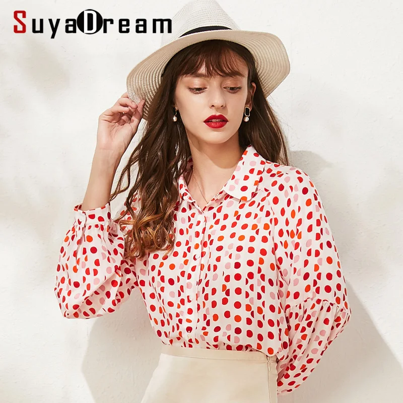 SuyaDream/блузка в горошек с длинными рукавами и отложным воротником, натуральный шелк, Офисная Женская блузка, рубашка, осенняя рубашка
