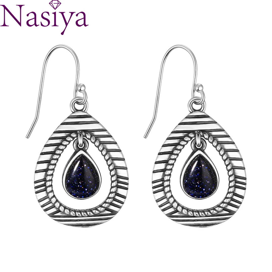 

925 Sterling Silver Drop Earring 5x7MM Waterdrop Blue Sandstone Pendant Earrings for Women Gift Vintage Design Ear Jewelry