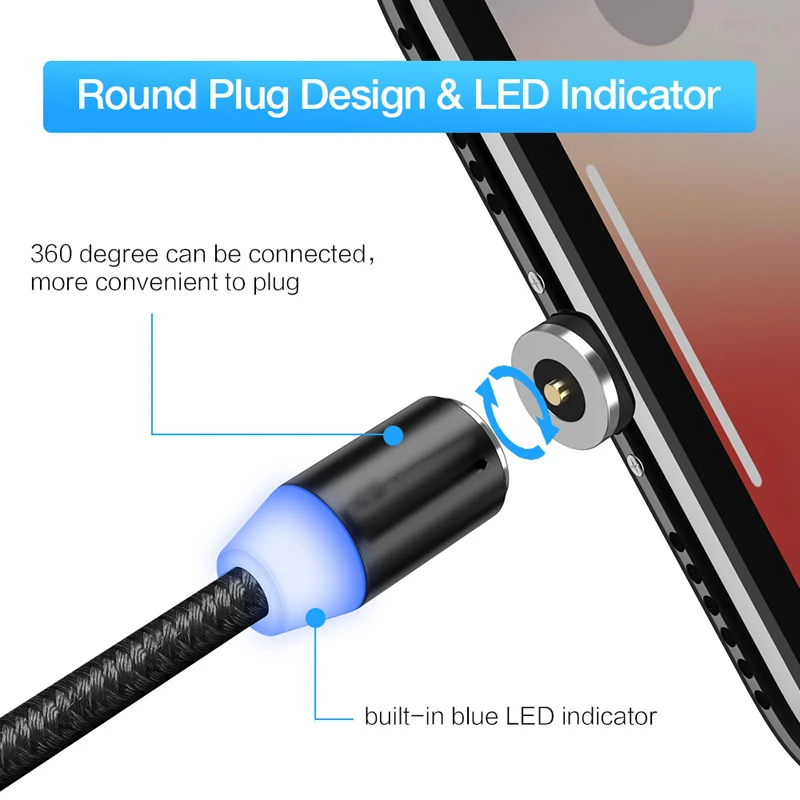 Магнитный зарядный кабель Micro USB в нейлоновой оплетке со светодиодным