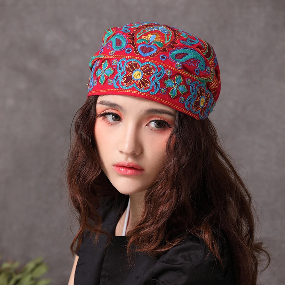 

2021 New Fashion Women Mexican Style Ethnic Vintage Embroidery Flowers Bandanas Red Print Hat winter hats for women