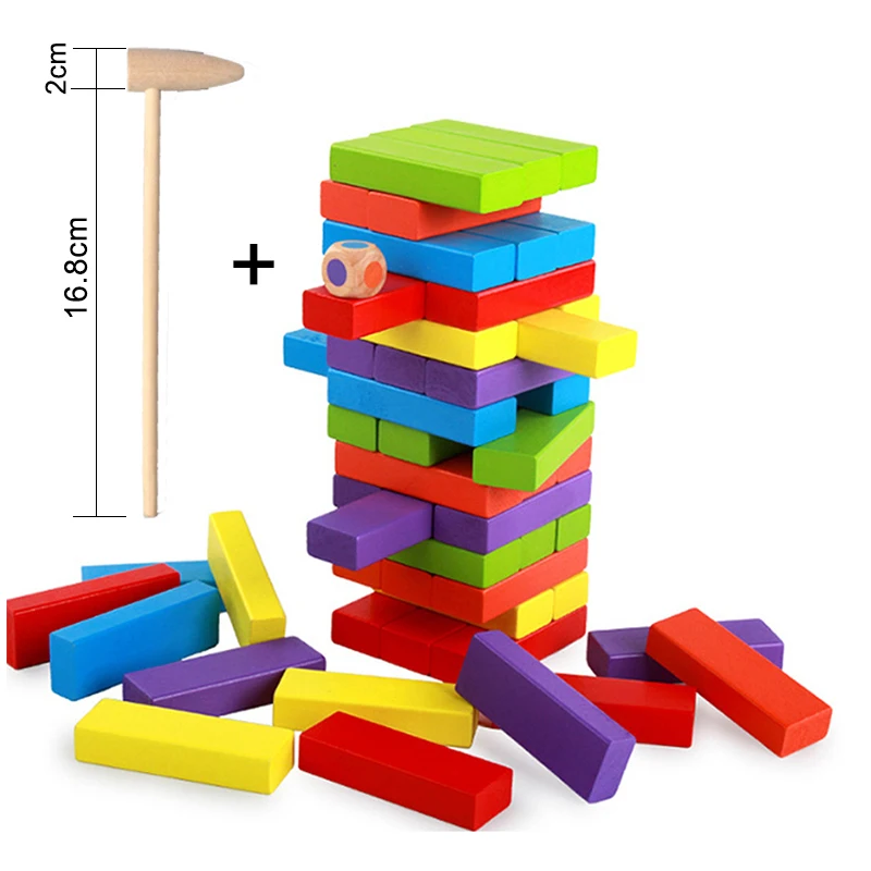 Blocks with hammer 54 шт. деревянные мини красочные блоки Строительные блоки дженги тяговые блоки детские развивающие игрушки детские игрушки - Цвет: Blocks with hammer