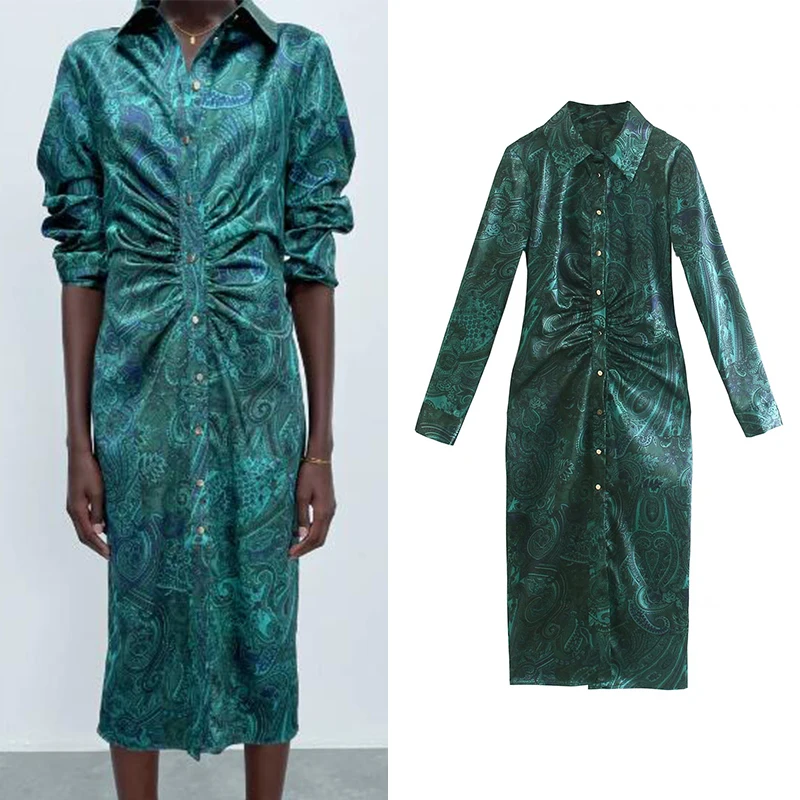 

Za 2021 Fashion Women Geometry Print Shirt Folds Dress Long Sleeve Single Breasted Office Lady Midi Dress Vestidos CD8334