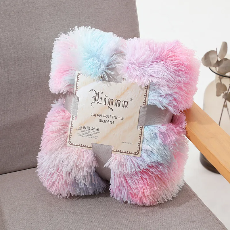 

Super Soft Rainbow Colors Blanket Warm Elegant Cozy Artificial Fur Blankets Bed Sofa For Living Room