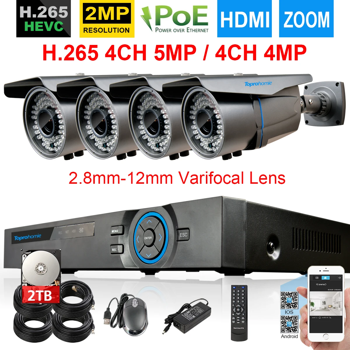 TOPROHOIME H.265 + 4CH CCTV NVR система 5MP 48V 2MP 1080P наружная POE IP камера 2 8 12 мм зум объектив
