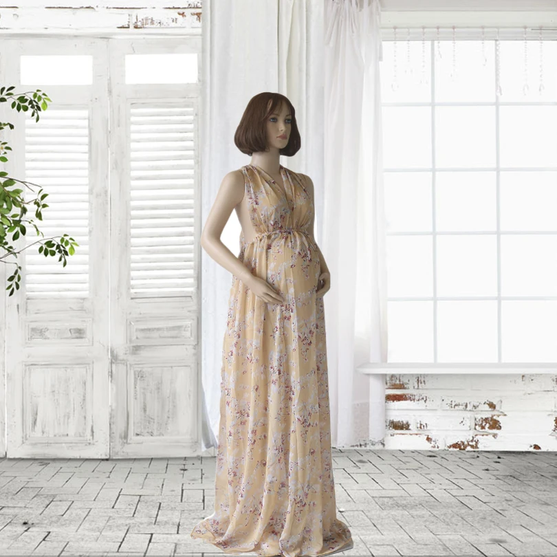 Желтое кружевное платье с v-образным вырезом для беременных Беременность Платье