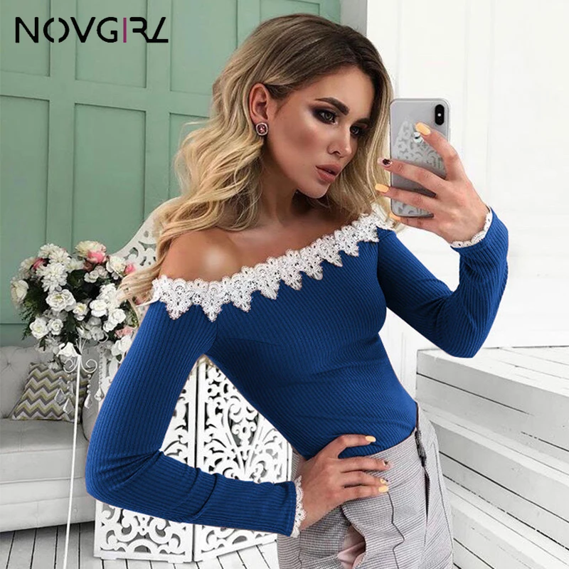 Novgirl/элегантные кружевные вязаные женские футболки с открытыми плечами 2019