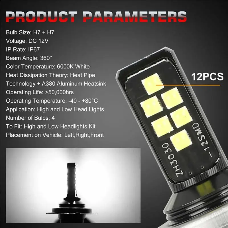 

CAR H7 H4Combo LED Headlight Kit Bulbs High Low Beam 90W 12000LM 6000K Kit Car Headlight Bulbs