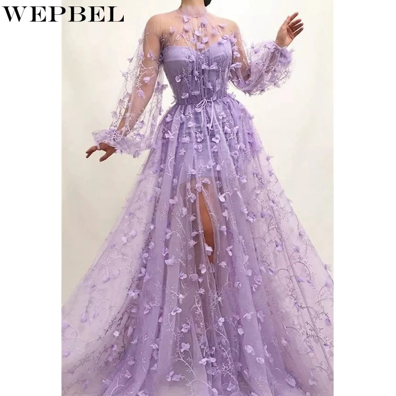 

WEPBEL Casual Long Sleeve Dress Autumn Elegant Mesh Embroidery See-through Dress Women's Stand Collar High Waist Slit Dress