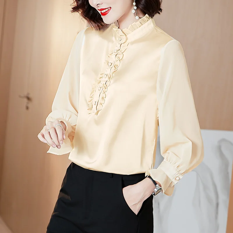 Satin silk shirt women blouse tops spring autumn elegant long-sleeved ruffled high-quality office ladies work shirt female Party