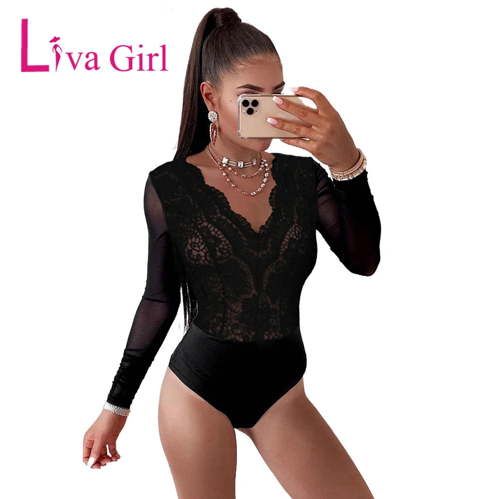 

Сексуальное женское черное Сетчатое облегающее боди LIVA GIRL 2021 с длинным рукавом и V-образным вырезом, Женский Облегающий комбинезон на молни...