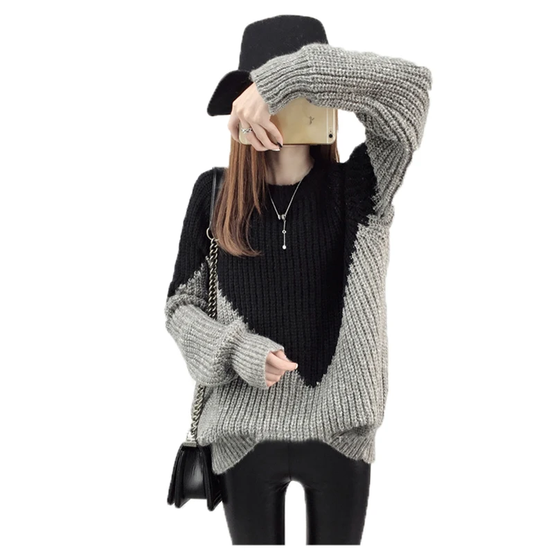 

Свободный вязаный свитер с круглым вырезом, женские повседневные цветные пуловеры в стиле пэчворк, Новое поступление 2020, осенне-зимний тепл...