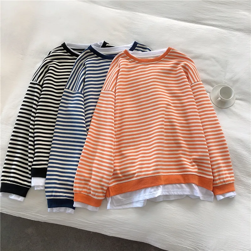 

Свитшот женский оверсайз в полоску, Модная хлопковая верхняя одежда в Корейском стиле, с имитацией двух предметов, с длинным рукавом, в стил...