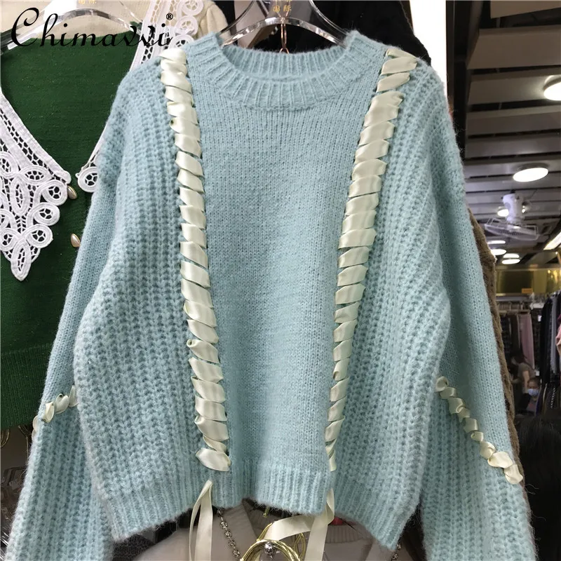 

Женский свободный пуловер, вязаный Однотонный свитер с длинным рукавом и круглым вырезом, на шнуровке, осень 2021