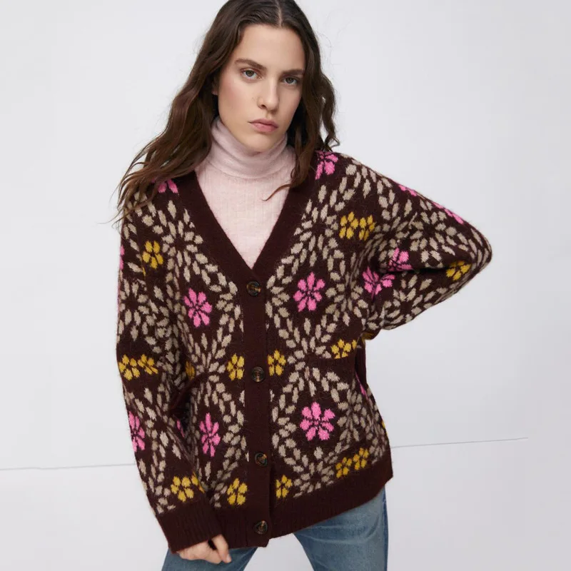 

2021 Winter French Retro Loose Sweater Lazy Wind Knitted Jacquard Cardigan Jacket Women's Sweater