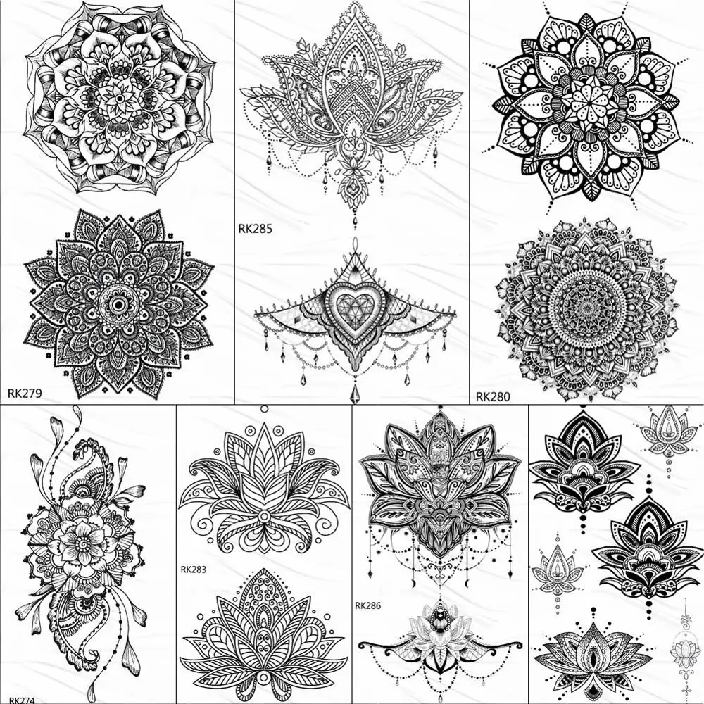 OMMGO Black Henna Arm Tattoo Mandala Flower Temporary Tattoos For Women Female Girls Sticker Fake Tattoo Mehndi Custom Tatoos