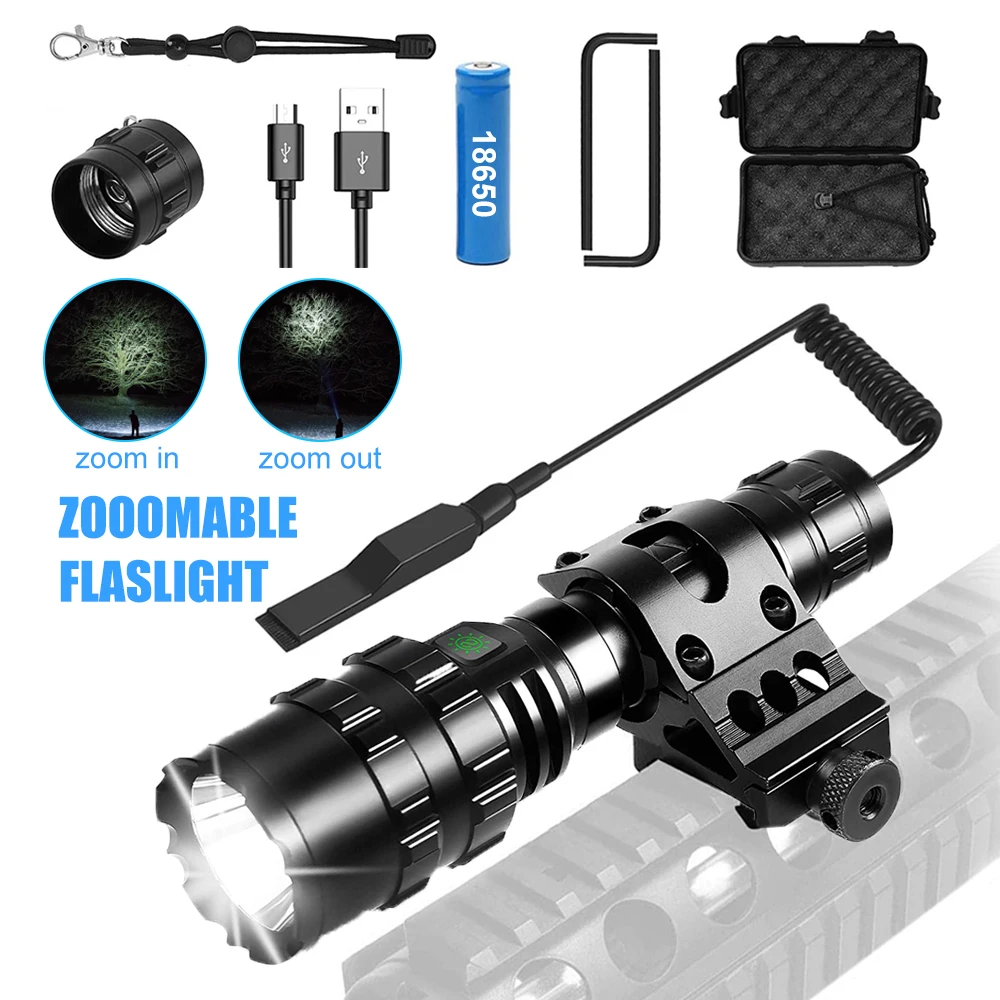 

Zoomable Tactical Flashlight 1600 Lumens USB Rechargeable Torch Waterproof Hunting Light with Clip Hunting Gun Accessories