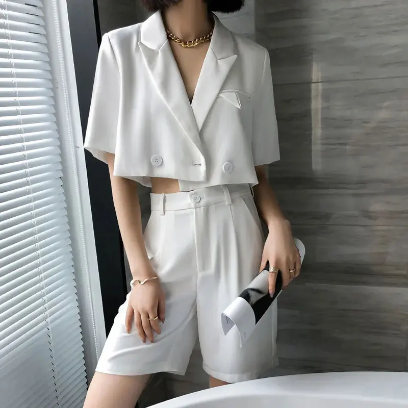 

2021 Women Summer Elegant Loose White Blazer Female Double Breasted Short Blazers+High Waist Shorts Street Sets Fashion