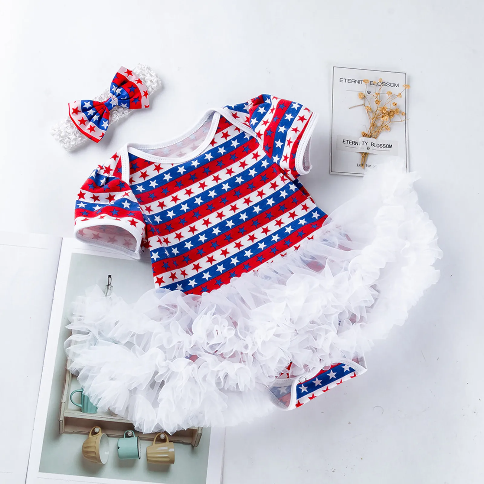 

Baby Girls Outfits Independence Day Usa Flag Romper Headband Clothes Set