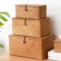 natural seagrass storage baskets hand woven storage box with lid rectangular organizer for desktop sundaries home decor