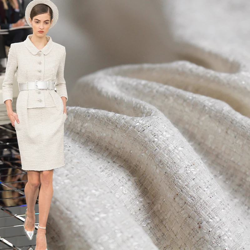 Pearlsilk белая серебристая твидовая ткань осенняя куртка платье костюмы для шитья