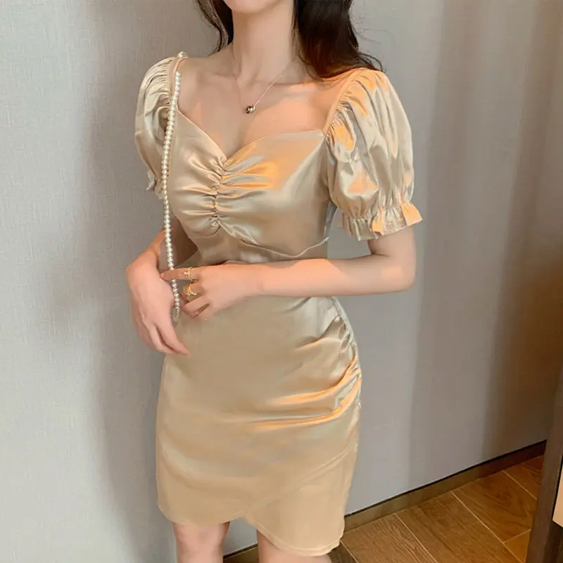 

satin dress 2020 summer new ladies square collar Korean fashion puff sleeve satin mini dress elegant pleated dresses for women