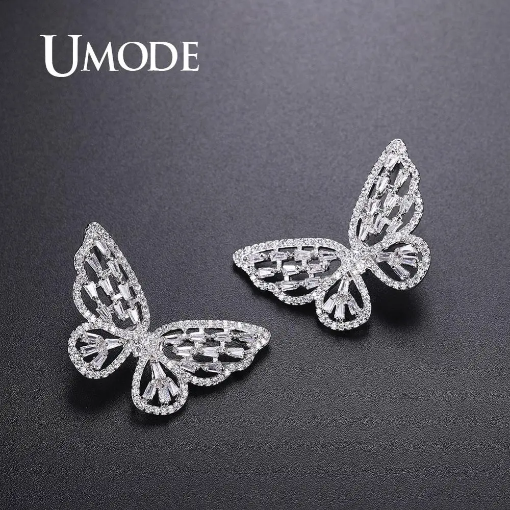 White Gold Clear UMODE корейские женские серьги-бабочки, винтажные милые серьги-гвоздики, роскошные циркониевые свадебные серьги, модные ювелирные изделия UE0602 - Окраска металла: White Gold Clear