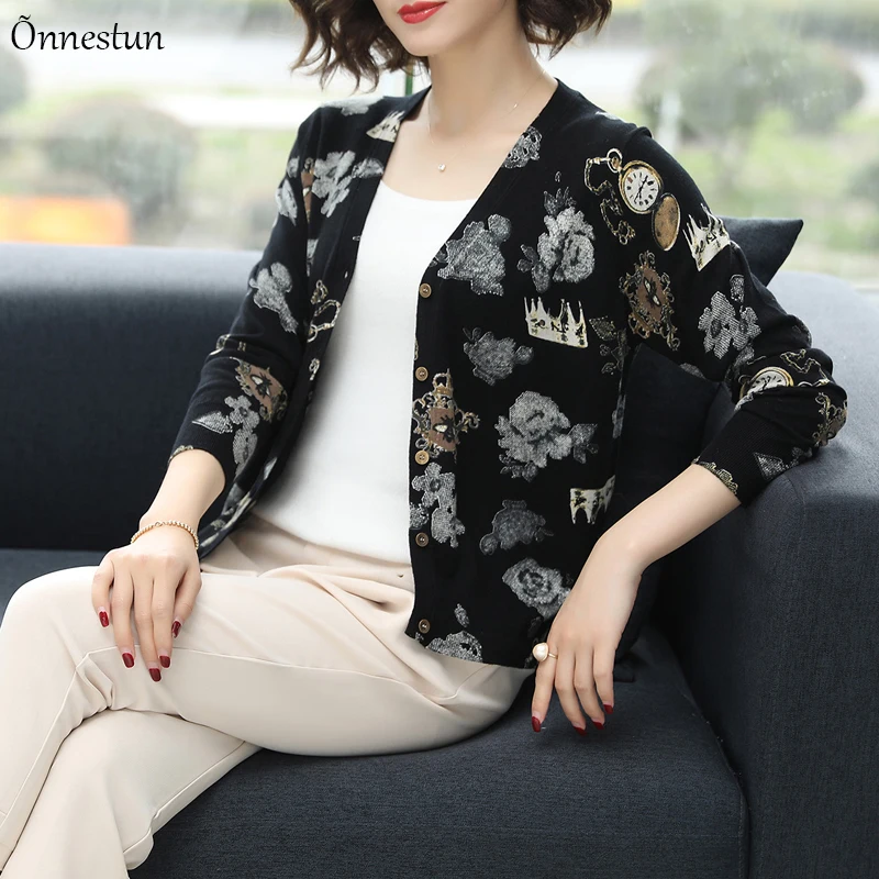 

Plus Size Sweater for Women New Autumn V Neck Print Female Cardigan Outerwear High Quality Knitwear Single-breasted Cardigans